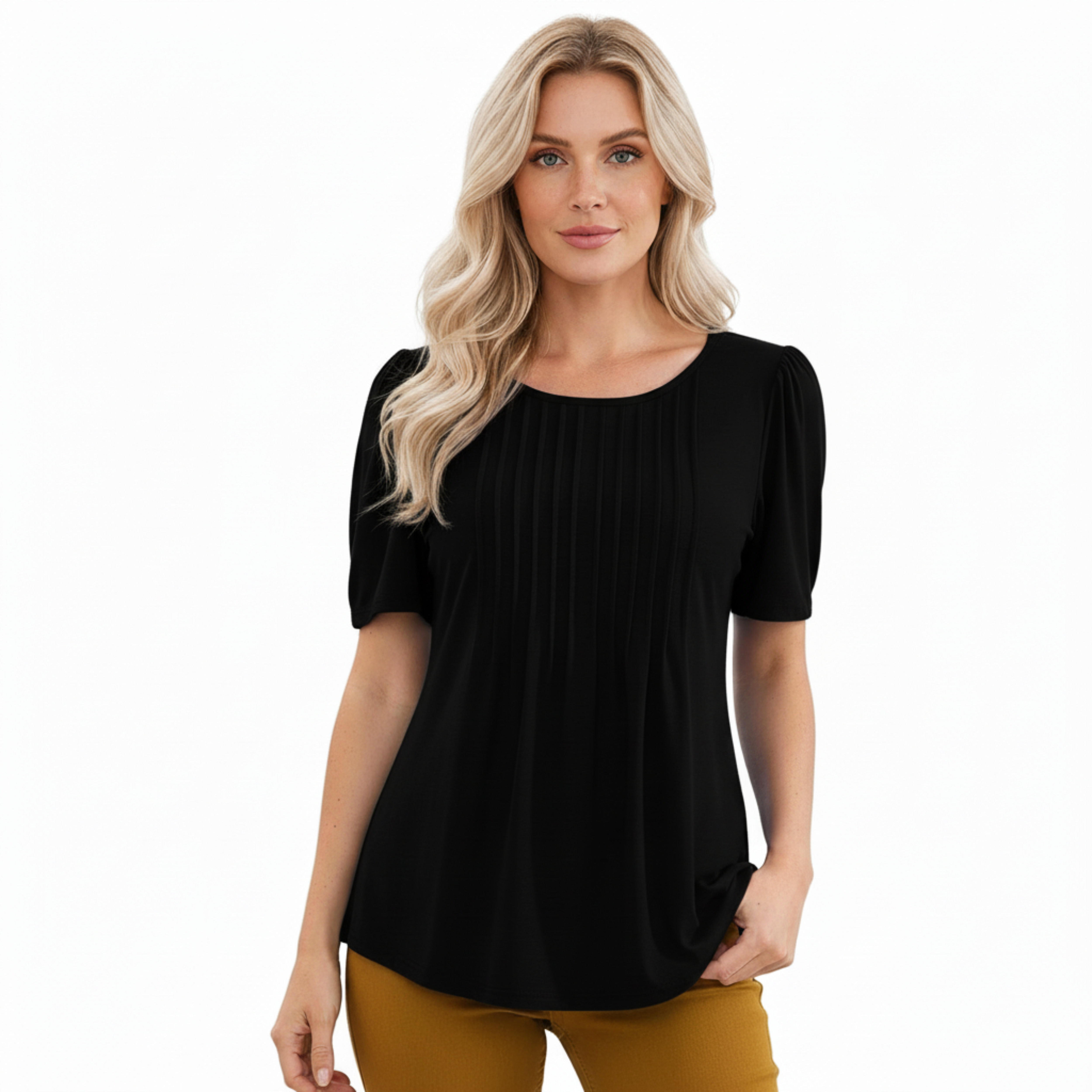T-shirt med korte ermer for dame med rund hals utsvingt og plisserte detaljer
