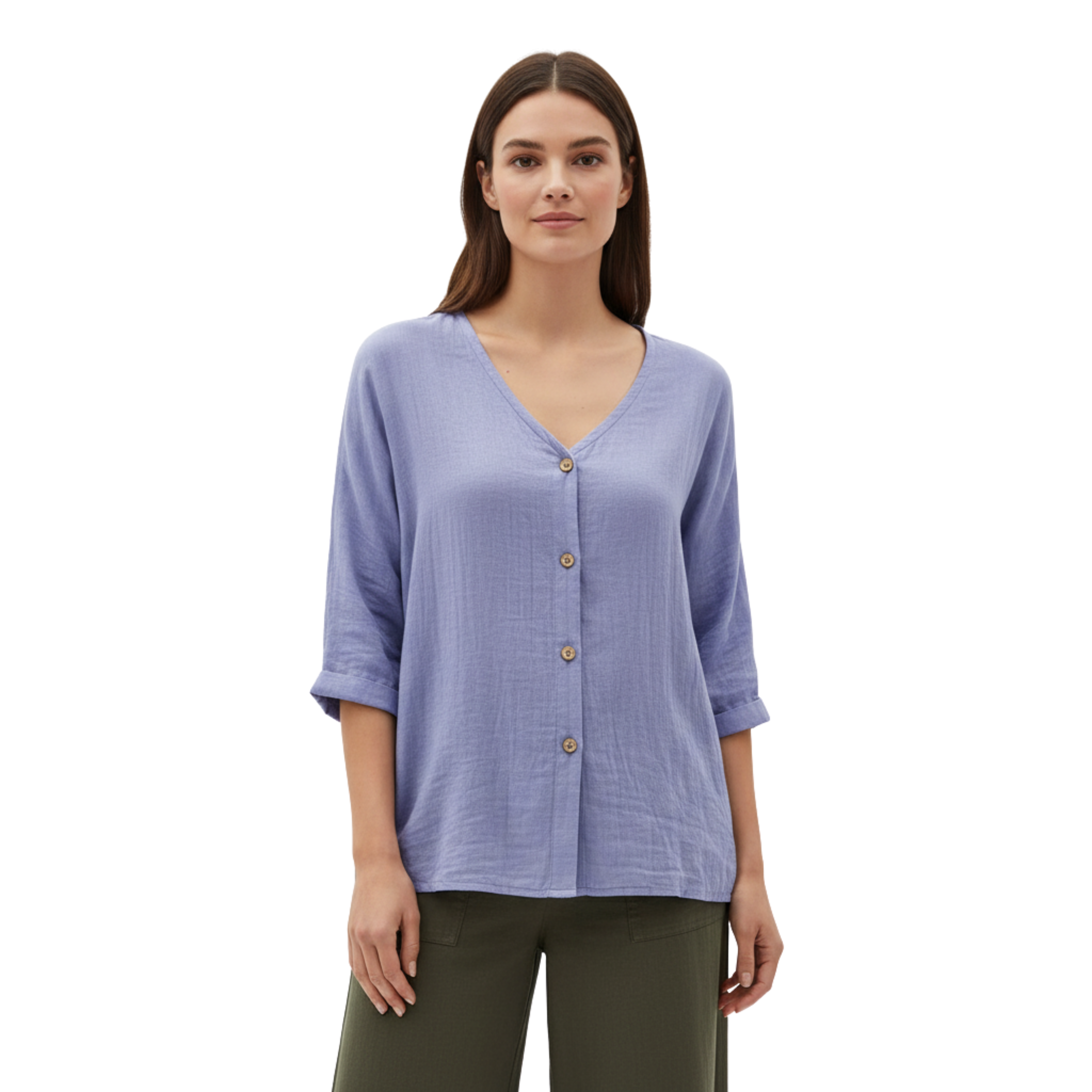 Damebluse med V-hals, knapper og 3/4-ermer i lin og bomull