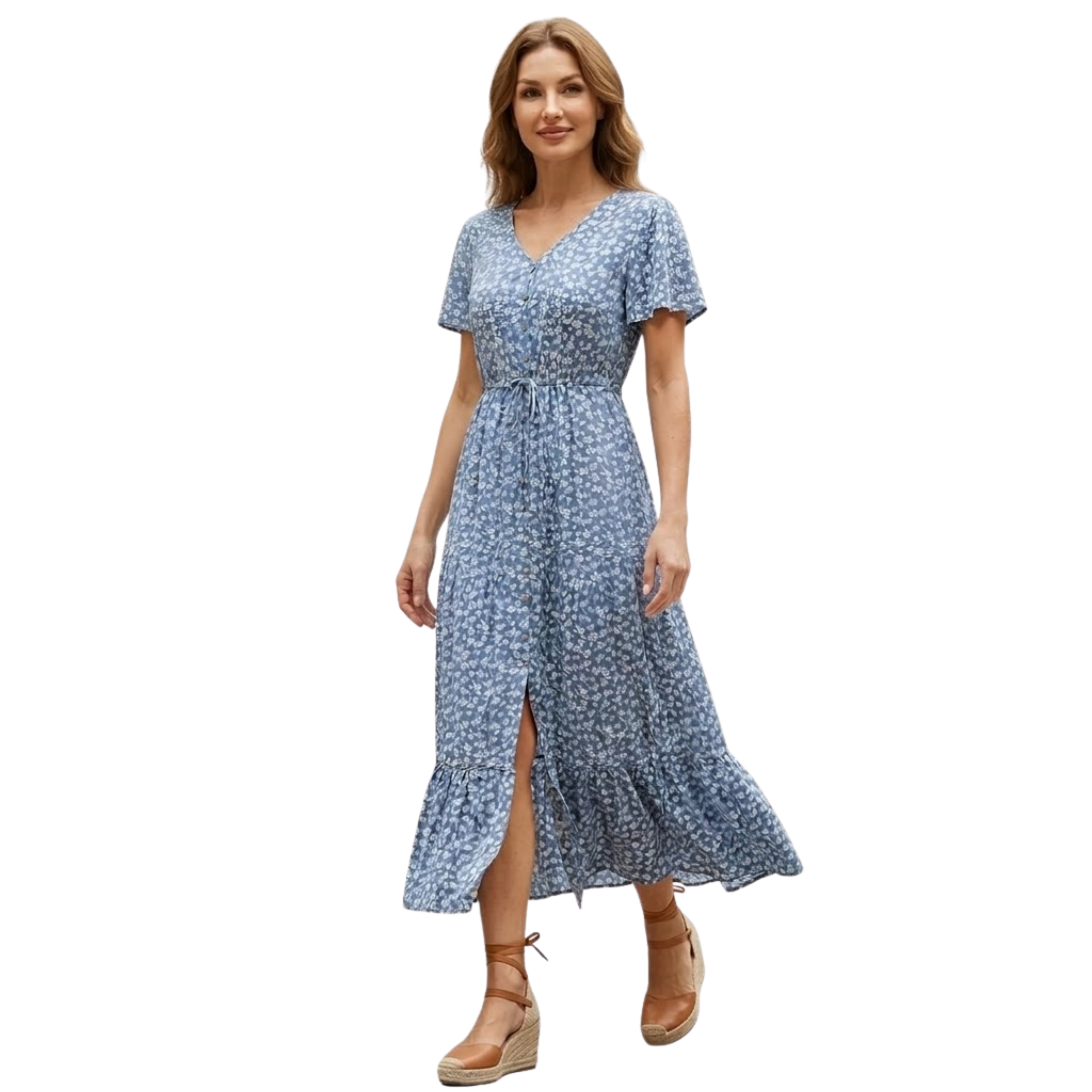 Lang kjole i bomull blomstret med V-hals med knapper foran for dame