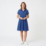 Sommerkjole halvlang med trykk med rund hals og korte ermer i polyester for dame