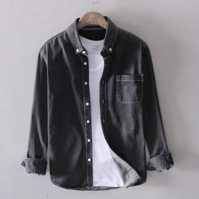 Skjorte i denim for herre avslappet med lange ermer