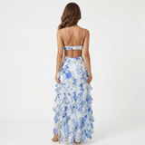 Lang kjole blomstret med volanger med korsettbustier og tynne stropper