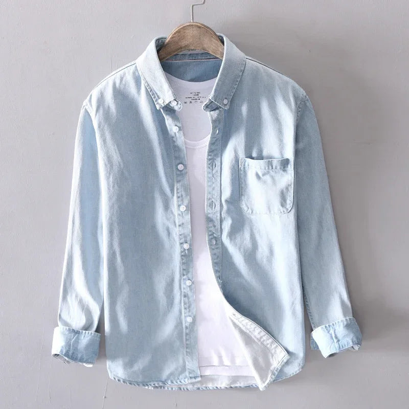Skjorte i denim for herre avslappet med lange ermer