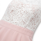 Lang aftenkjole ermeløs i blonde og chiffon med heklet bustier