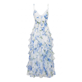 Lang kjole blomstret med volanger med korsettbustier og tynne stropper
