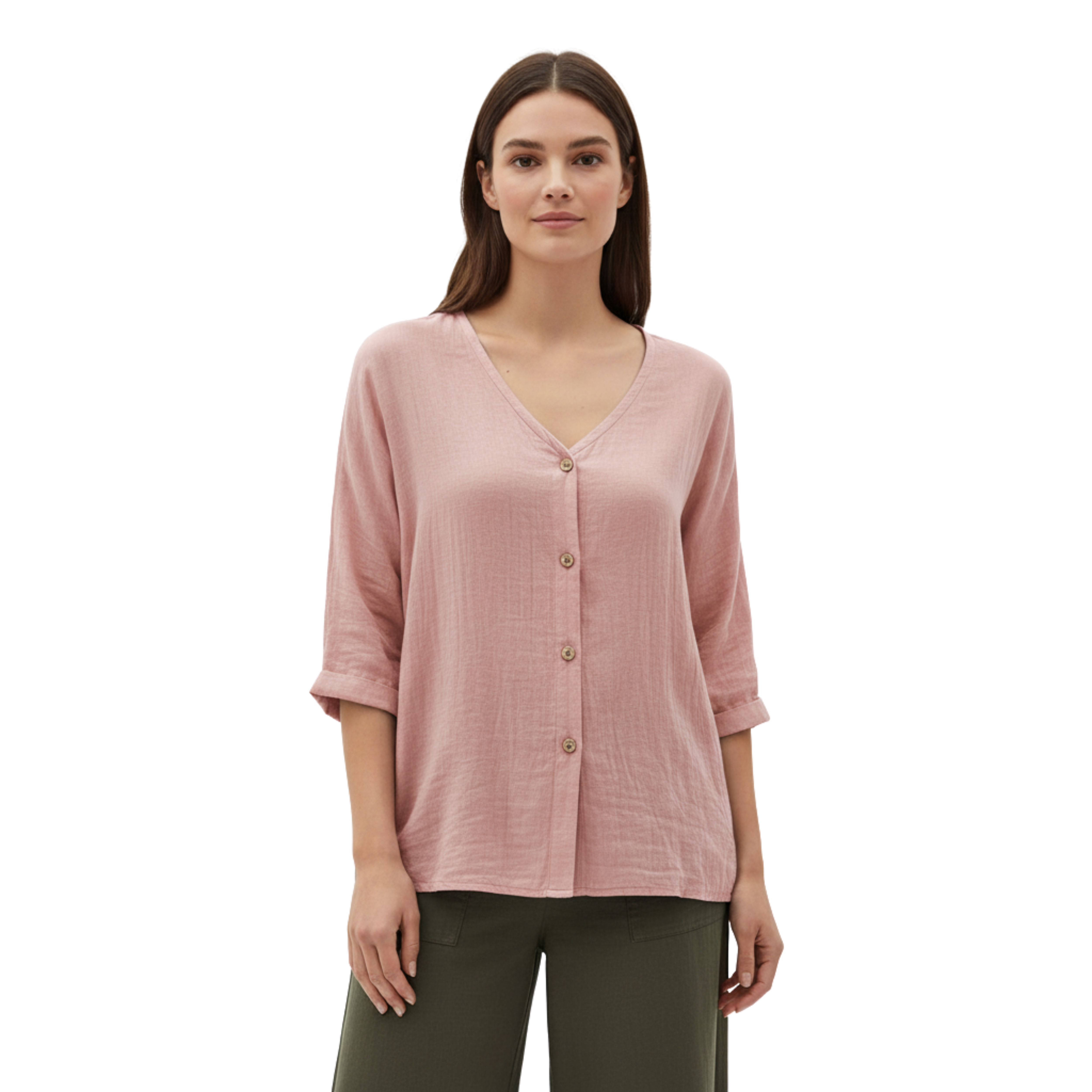 Damebluse med V-hals, knapper og 3/4-ermer i lin og bomull