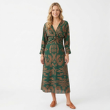 Midikjole med lange ermer med sløyfe foran og trykk for dame