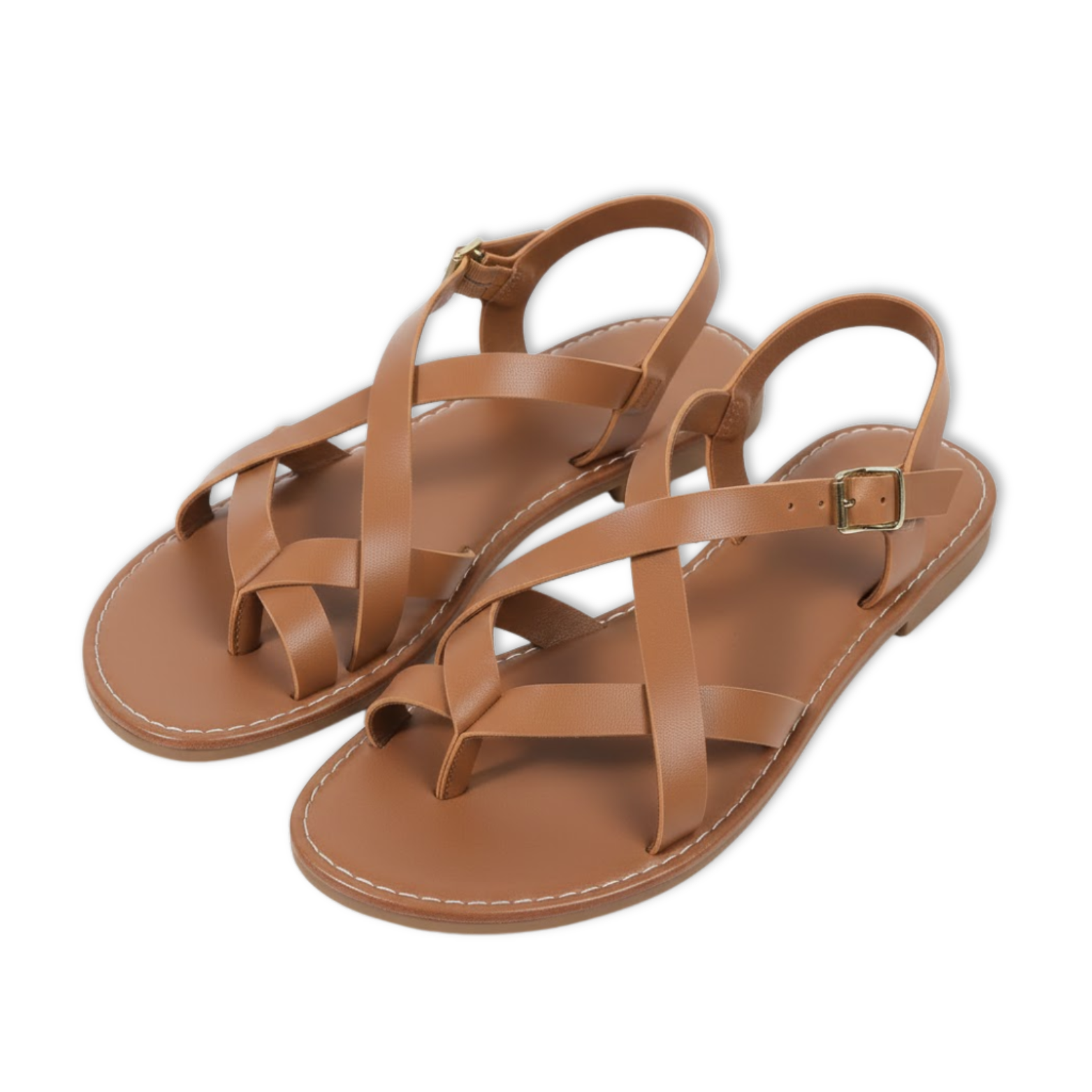 Flate damesandaler med kryssende gullremmer, chic, elegante og komfortable