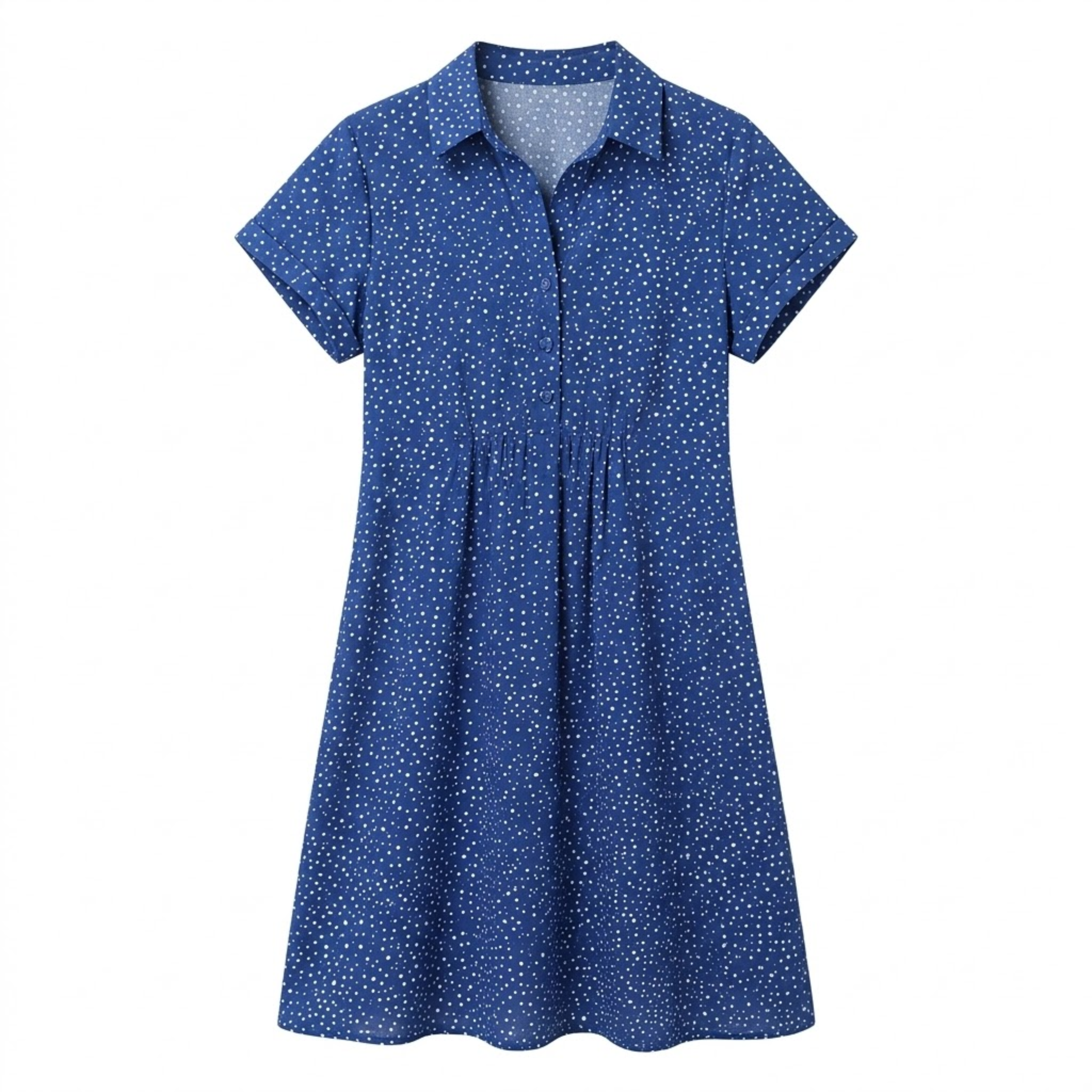 Sommerkjole halvlang med trykk med rund hals og korte ermer i polyester for dame