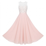 Lang aftenkjole ermeløs i blonde og chiffon med heklet bustier