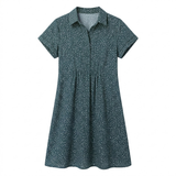 Sommerkjole halvlang med trykk med rund hals og korte ermer i polyester for dame