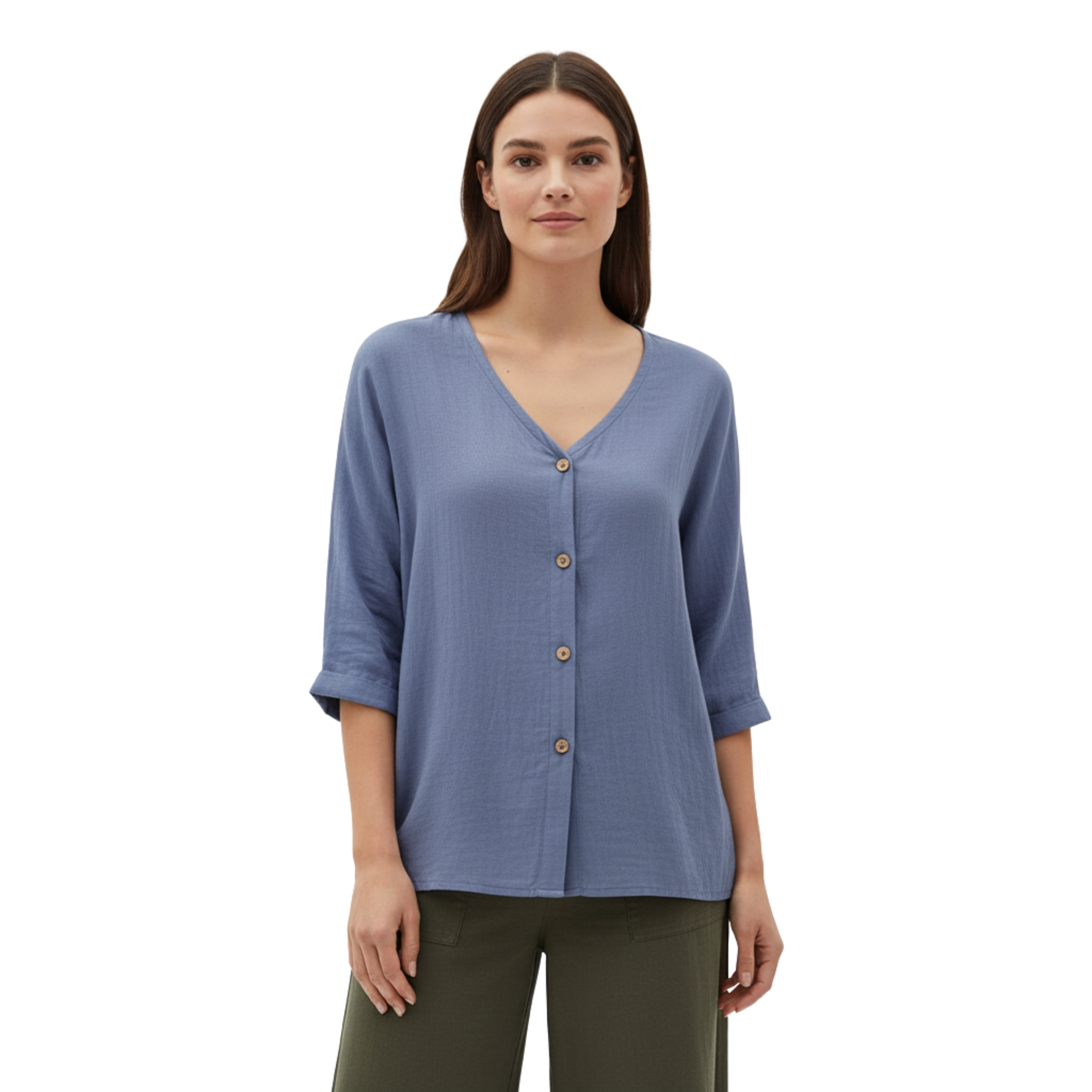 Damebluse med V-hals, knapper og 3/4-ermer i lin og bomull