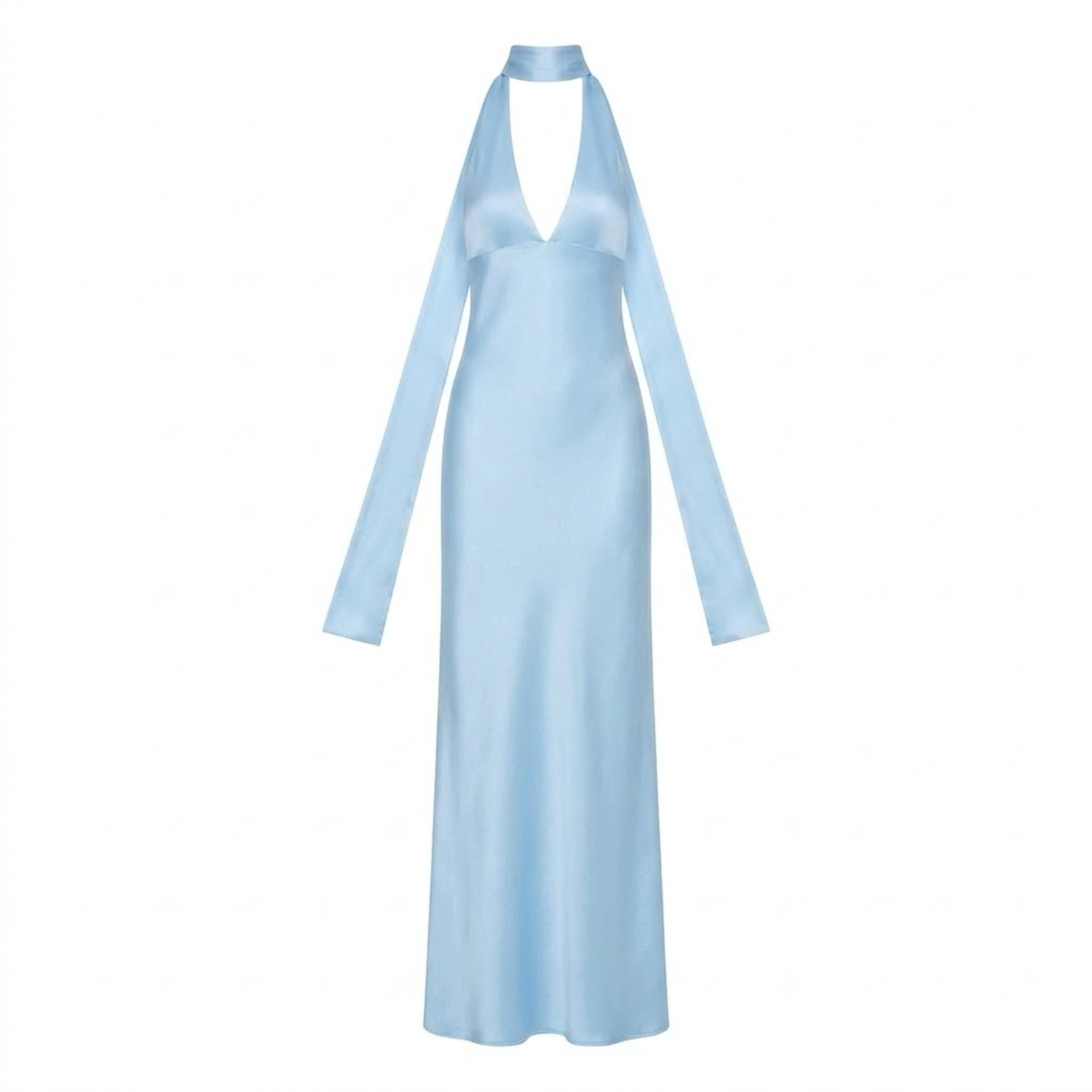 Lang aftenkjole i polyester med dyp utringning og åpen rygg for dame