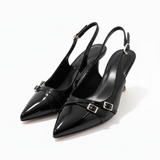 Slingback-pumps med spiss tå i lakkert kunstskinn med remmer for dame