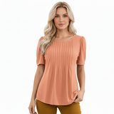 T-shirt med korte ermer for dame med rund hals utsvingt og plisserte detaljer