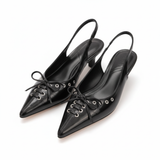Slingback-sandaler med spiss tå i kunstskinn med sløyfe og lav hæl for dame