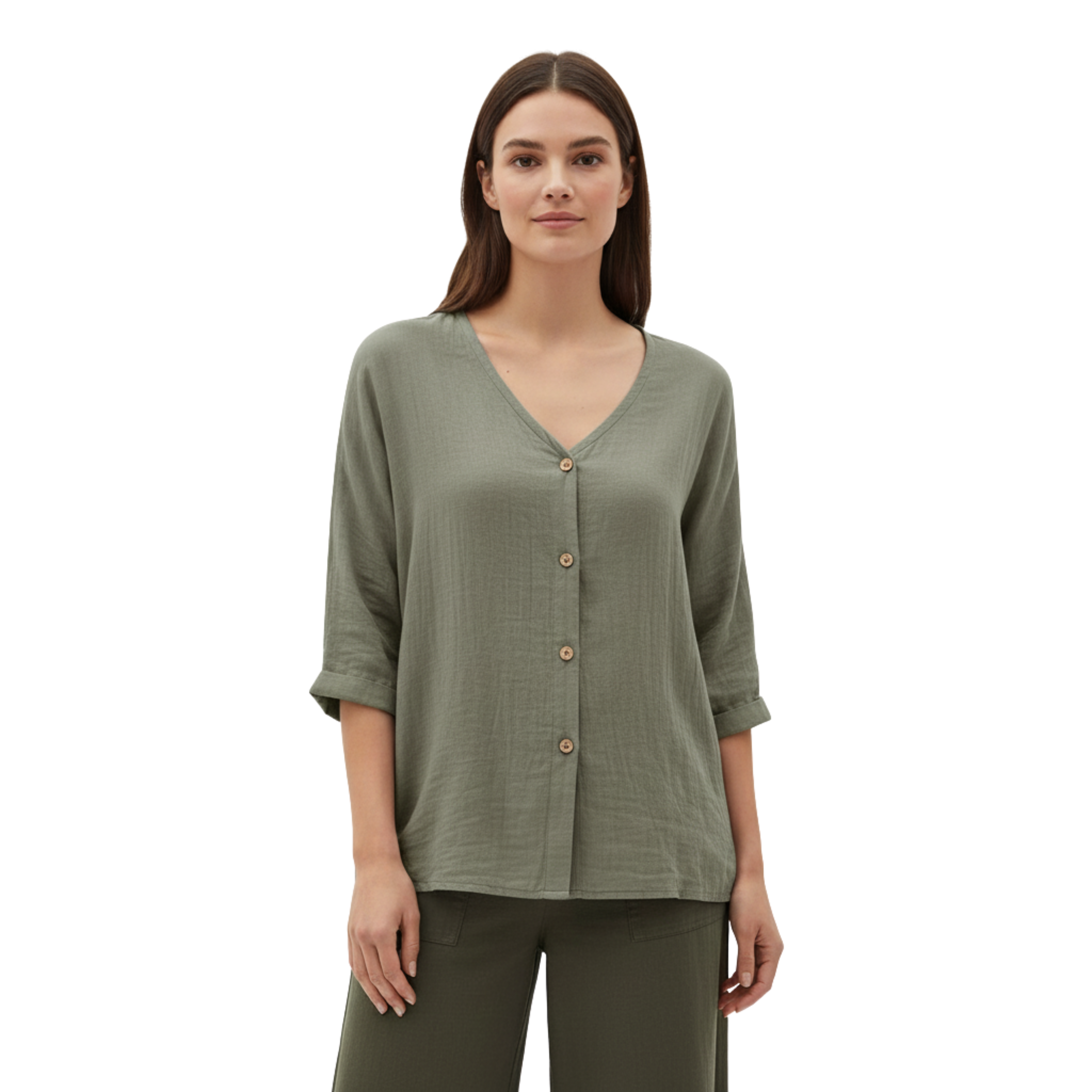 Damebluse med V-hals, knapper og 3/4-ermer i lin og bomull