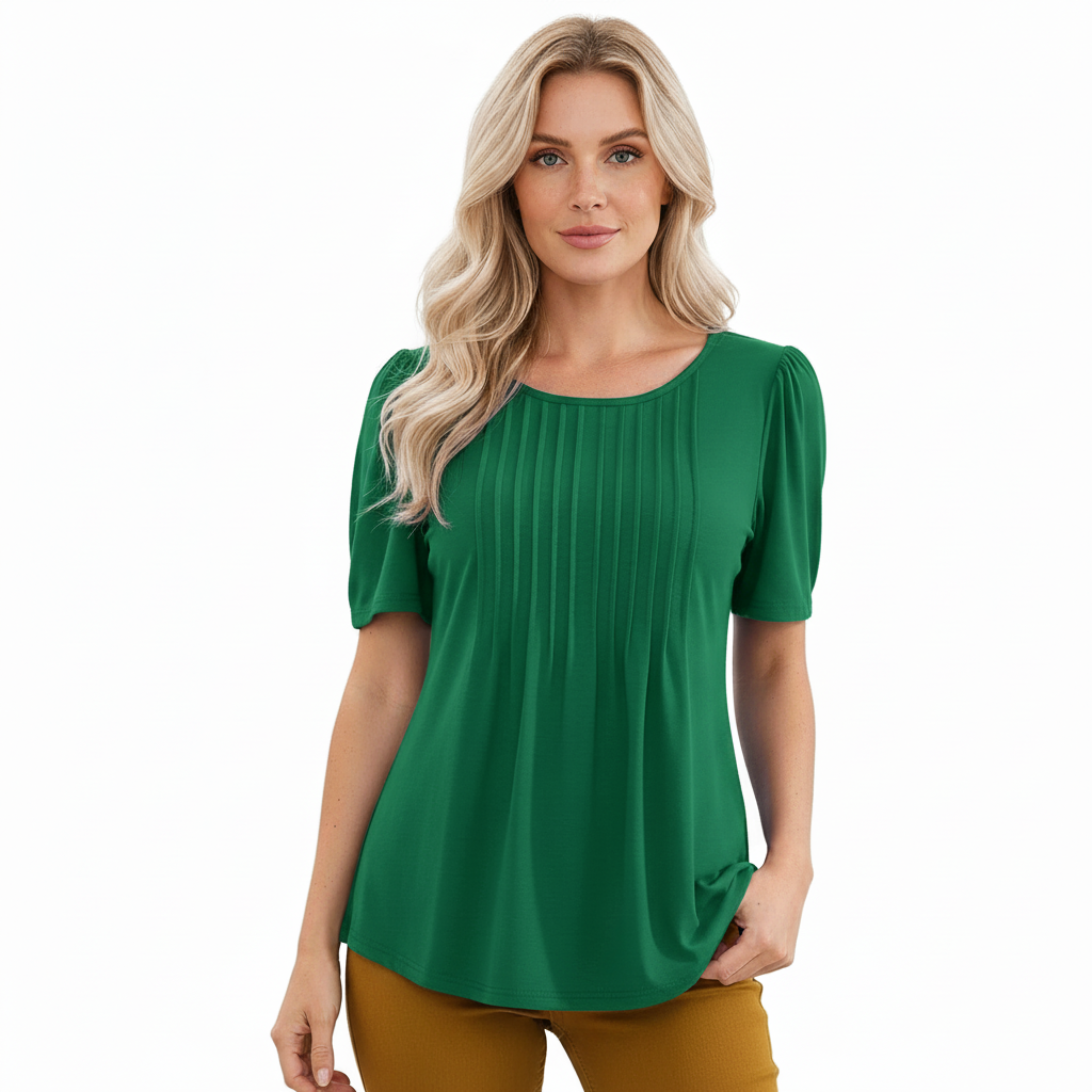 T-shirt med korte ermer for dame med rund hals utsvingt og plisserte detaljer