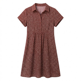 Sommerkjole halvlang med trykk med rund hals og korte ermer i polyester for dame