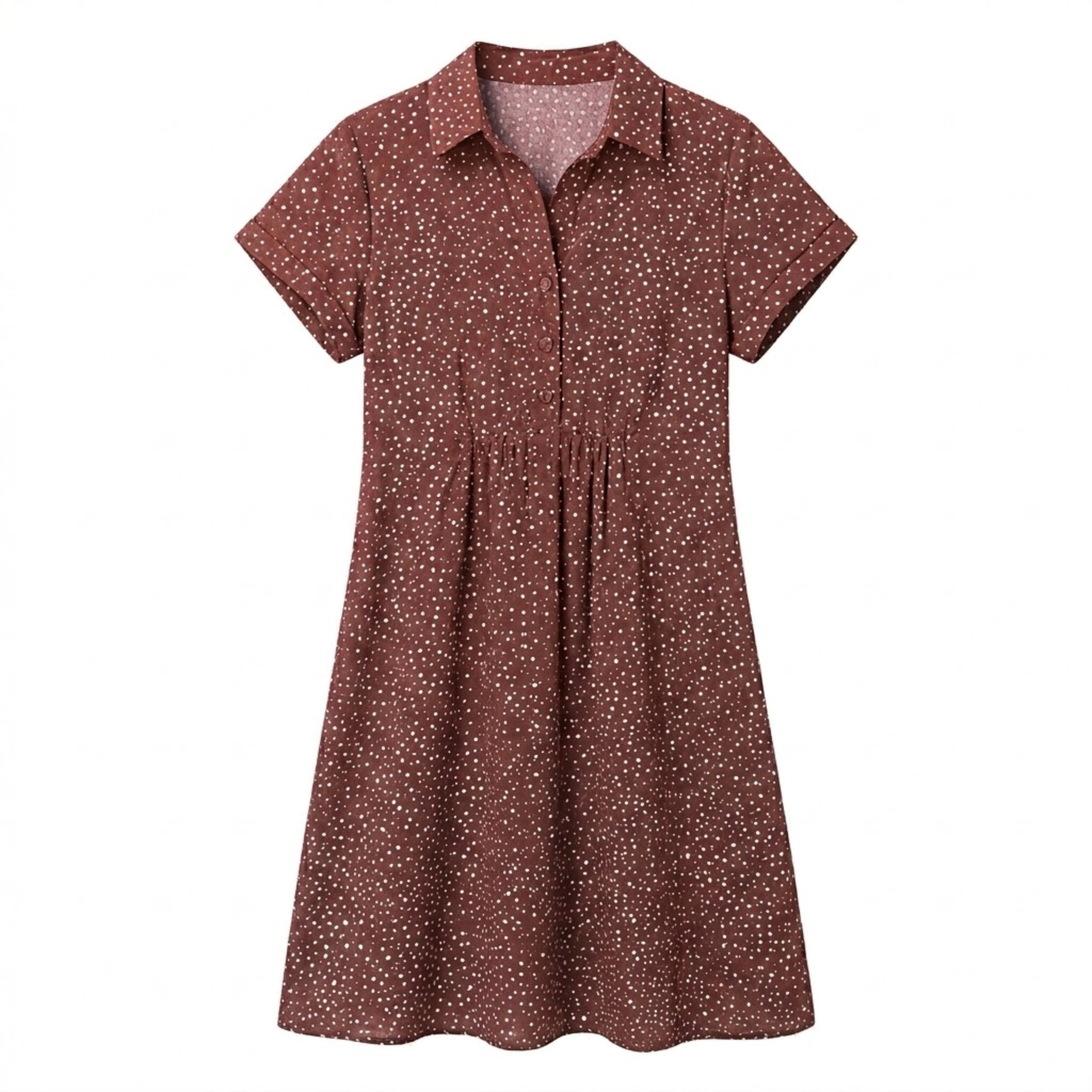 Sommerkjole halvlang med trykk med rund hals og korte ermer i polyester for dame