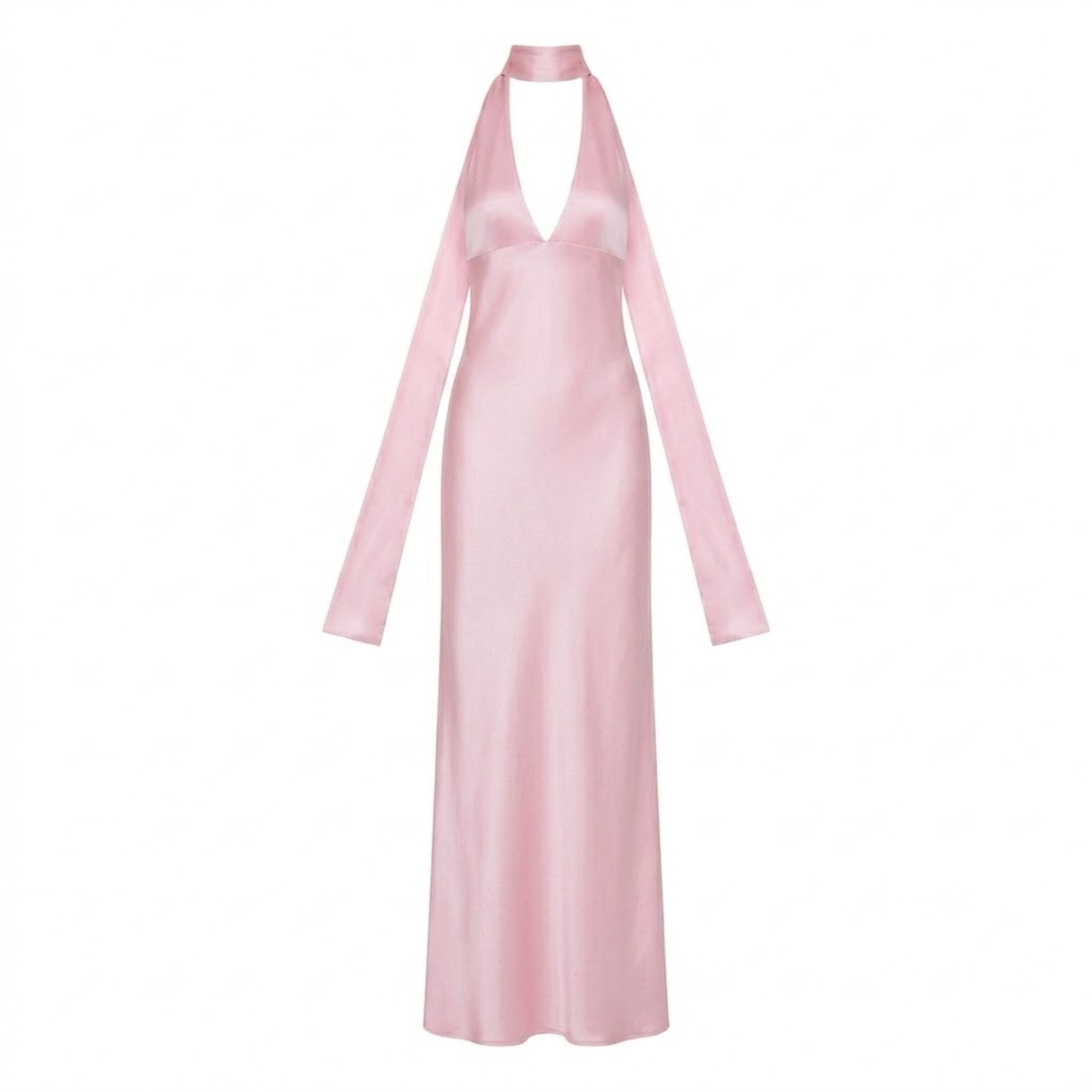 Lang aftenkjole i polyester med dyp utringning og åpen rygg for dame