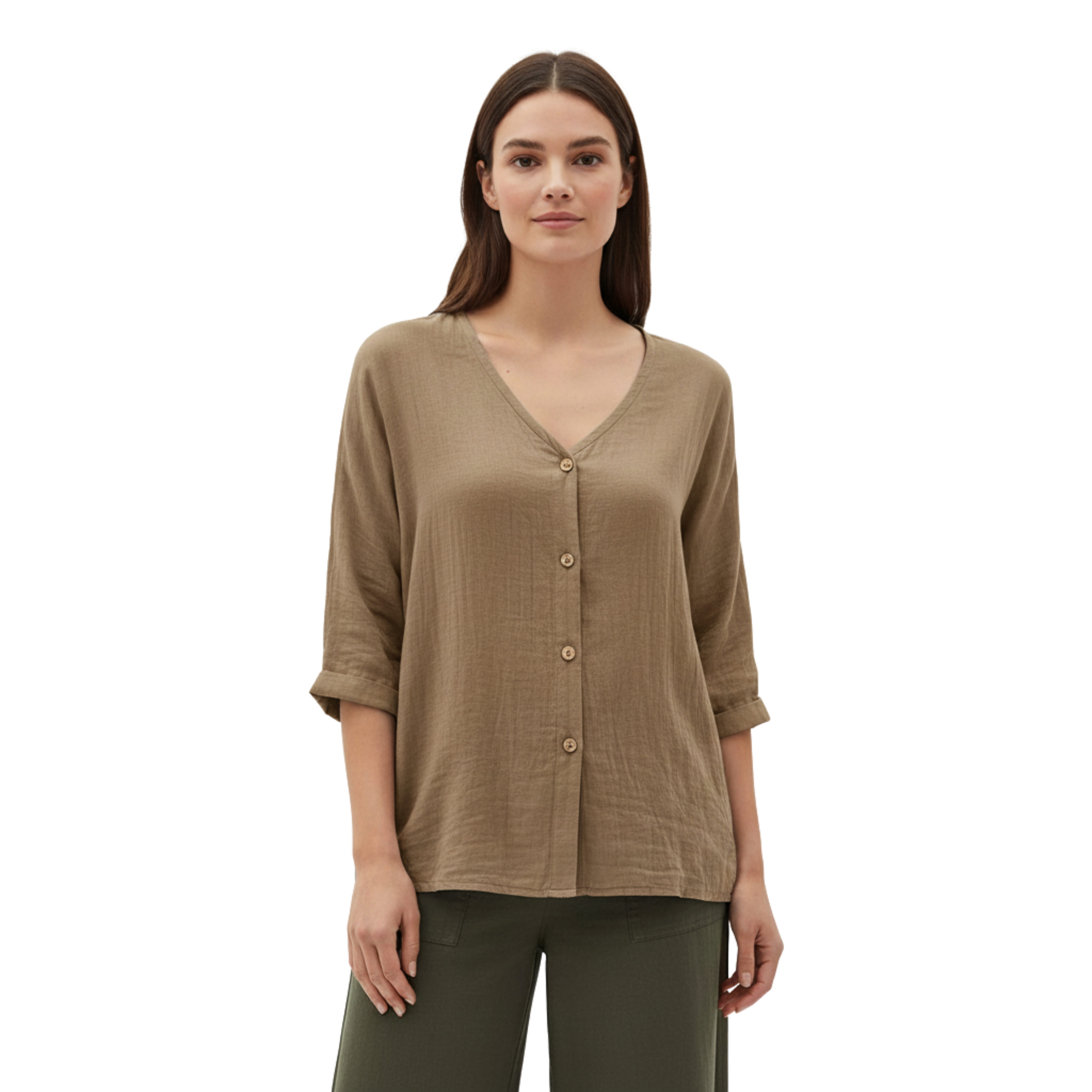 Damebluse med V-hals, knapper og 3/4-ermer i lin og bomull