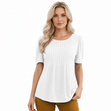 T-shirt med korte ermer for dame med rund hals utsvingt og plisserte detaljer