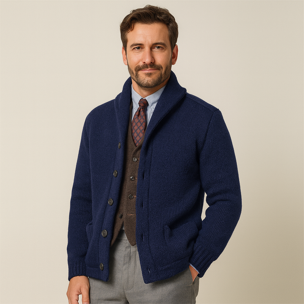 André Beaumont – Cardigan for herre i luksusstrikk med krage revers